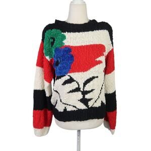 Vintage 80s black white red abstract floral knit sweater M